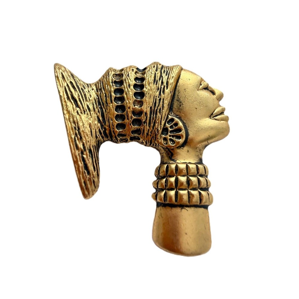 Vintage Gold Tone African Queen Goddess Brooch Pin Egyptian Revival Portrait